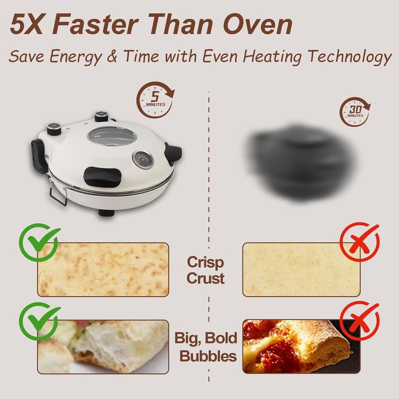 YIBAKE 12-Inch Electric Countertop Pizza Oven – 800°F Indoor Pizza Maker with Pizza Stone, Temperature Control & Timer, Includes Heat-Resistant Gloves, Wooden Peel & Dough Cutter - Image 4